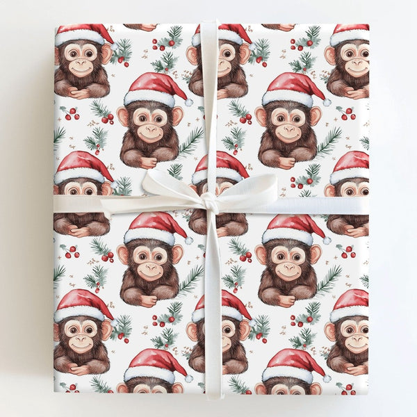Adorable Animal Christmas Gift Wrap, Santa Hat Monkey Wrapping Paper, Watercolor Chimpanzee Wrapping Paper Roll, Kids Holiday