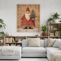 Vintage Christmas Tree Canvas, Rustic Santa Claus Canvas Art, Farmhouse Santa Wall Decor, Holiday Canvas Print, Christmas Home Present
