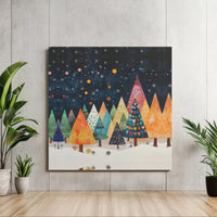 Folk Art Winter Forest Canvas Print, Whimsical Christmas Trees Wall Art, Colorful Snowy Night Poster, Holiday Decor, Digital Download