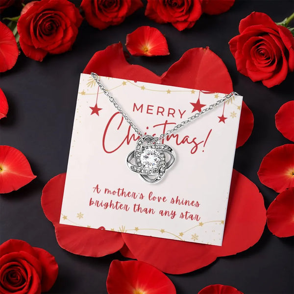 Sparkling CZ Crystal Necklace, Christmas Love Knot Necklace, Gold Finish Knot Necklace, Holiday Jewelry Present for Mom, Mean