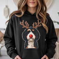 Reindeer Dog Holiday Hoodie, Bernadoodle Christmas Hoodie, Bernedoodle Sweatshirt, Adorable Dog Lover Graphic Hoodie, Present for Dog Mom and Dad