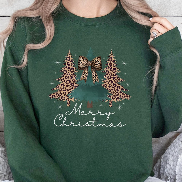 Coquette Bow Xmas Sweatshirt, Leopard Print Christmas Tree Sweatshirt, Adorable Holiday Tree Crewneck, Merry Christmas Sweate