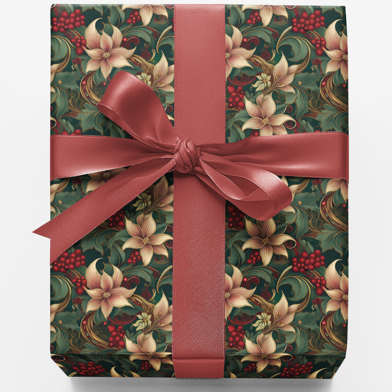 Holly Poinsettia Botanical Print Gift Wrap, Christmas Wrapping Paper, Elegant Xmas Flora Wrapping Paper Roll