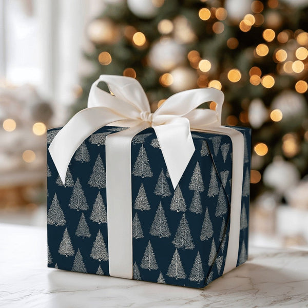Winter Forest Holiday Gift Wrap, Navy Blue Christmas Tree Wrapping Paper, Modern Minimalist Tree Gift Wrapping Paper, Seasona