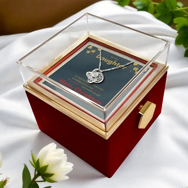 Rotating Rose Box Love Knot Necklace, Christmas Daughter Love Knot Necklace, Sparkling CZ Knot Pendant, Holiday Keepsake Neck