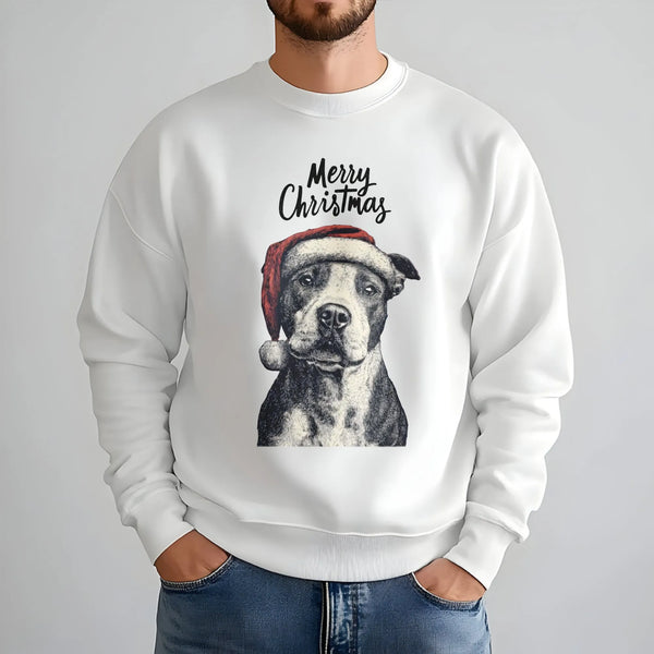 Santa Hat Dog Holiday Sweatshirt, Pitbull Christmas Sweatshirt, Adorable Pit Bull Dog Mom Crewneck, Festive Puppy Lover Pullo