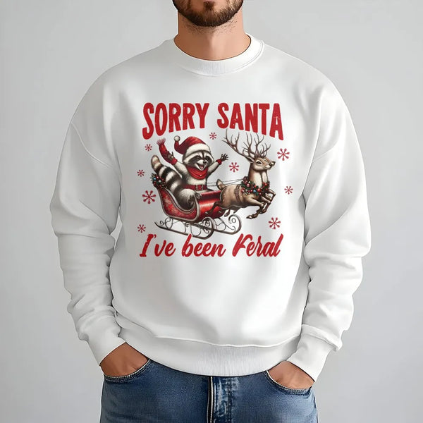 Humorous Trash Panda Ugly Sweater, Sorry Santa I've Been Feral Raccoon Sweatshirt, Adorable Holiday Raccoon Crewneck, Christm