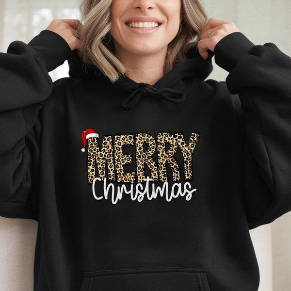 Leopard Print Christmas Sweatshirt, Merry Christmas Hoodie, Retro Merry Xmas Graphic Hoodie, Festive Holiday Pullover, Winter