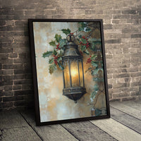 Glowing Holly Berries Canvas, Christmas Lantern Canvas Wall Art, Winter Holiday Art Canvas Print, Xmas Wall Decor, Festive Home Present