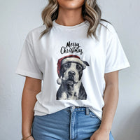 American Pit Bull Terrier in Santa Hat Graphic Tee, Pitbull Christmas T-Shirt, Adorable Dog Mom Holiday T-Shirt, Xmas Pet Lover Present