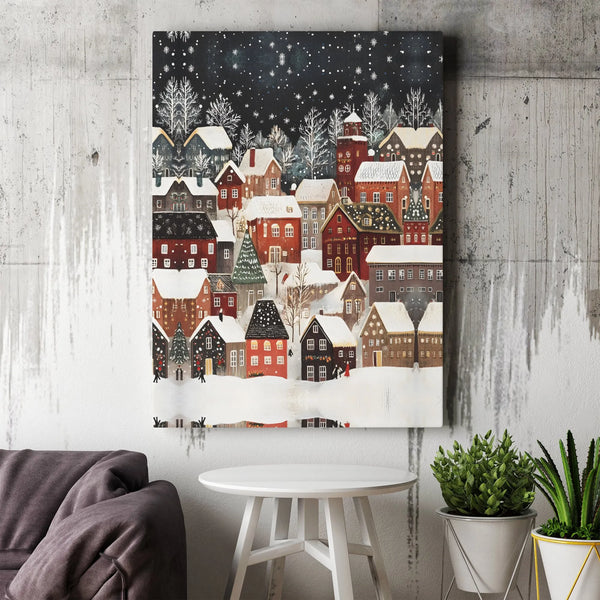 Snowy Night Town Scenery Canvas Print, Winter Village Canvas Wall Art, Comfy Christmas Wall Art, Holiday Landscape Canvas, Wi