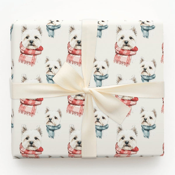 West Highland Terrier Gift Wrap, Westie Dog Wrapping Paper, Watercolor Dog Wrapping Paper, Winter Scarf Puppy Gift Wrap, Chri
