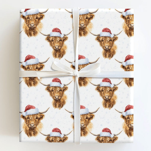 Santa Hat Cow Gift Wrap, Christmas Highland Cow Wrapping Paper, Watercolor Snowflake Wrapping Paper, Rustic Farmhouse Holiday