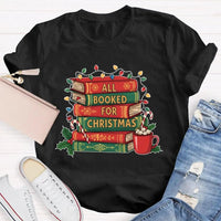 Comfy Bookworm Holiday Reading Shirt, All Booked for Christmas T-Shirt, Bookish Christmas Tree Graphic Tee, Book Lover Christmas T-Shirt