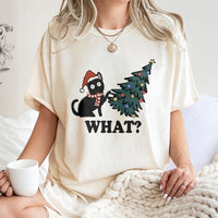 Humorous Cat Knocking Tree Graphic Tee, Naughty Black Cat Christmas T-Shirt, Spooky Adorable Kitten Xmas Shirt, Holiday Cat Humor Top