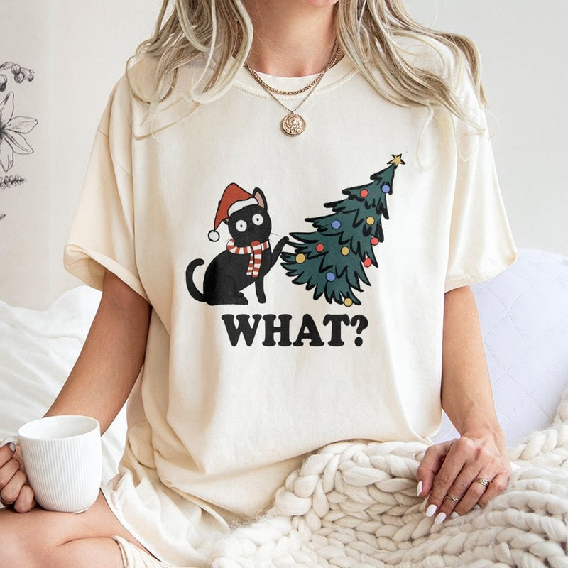 Humorous Cat Knocking Tree Graphic Tee, Naughty Black Cat Christmas T-Shirt, Spooky Adorable Kitten Xmas Shirt, Holiday Cat Humor Top