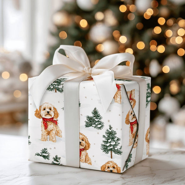 Adorable Dog in Red Scarf Gift Wrap, Cockapoo Christmas Wrapping Paper, Holiday Dog Lover Wrapping Paper Roll, Winter Puppy P
