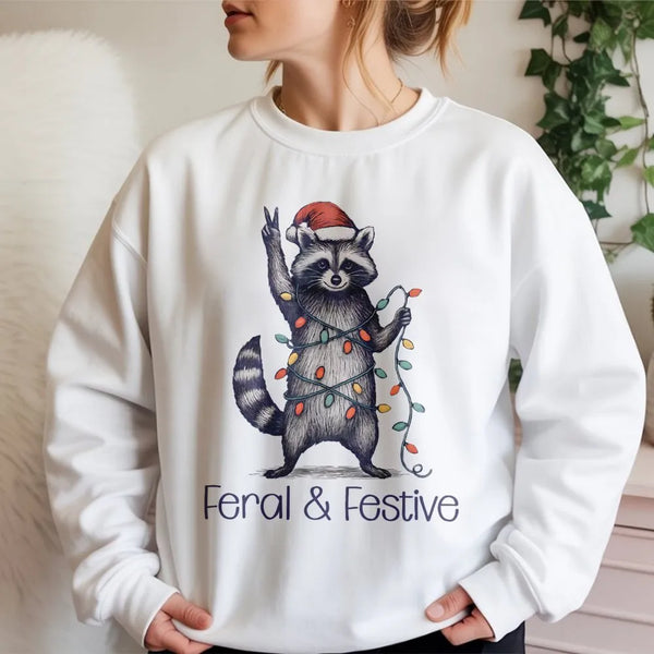 Humorous Woodland Animal Holiday Sweater, Feral and Festive Raccoon Christmas Sweatshirt, Retro Trash Panda Xmas Pullover Pre