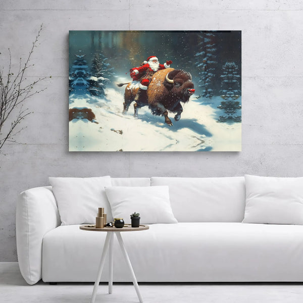 Whimsical Snowy Forest Christmas Canvas Print, Santa Riding Bison Canvas Wall Art, Holiday Buffalo Canvas Decor, Winter Holid