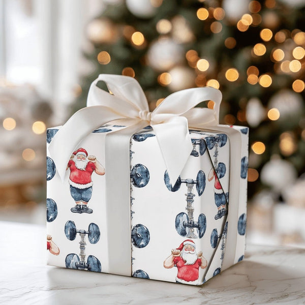 Dumbbell Gym Gift Wrap, Weightlifting Santa Wrapping Paper, Fitness Christmas Wrapping Paper, Lifter Present Paper