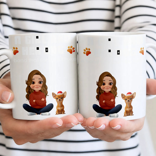 Chibi Girl Christmas Puppy Holiday Mug, Adorable Chihuahua Dog Mom Ceramic Mug, Festive Pet Lover Coffee Cup, Xmas Dog Parent