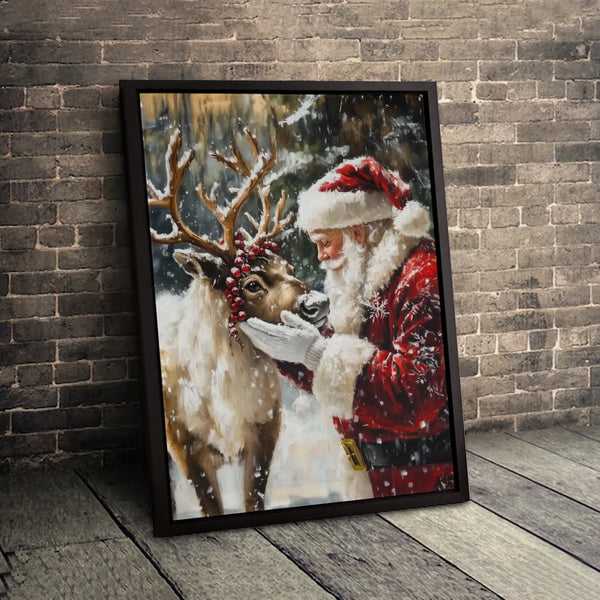 Snowy Winter Forest Canvas Print, Santa Claus and Reindeer Canvas Art, Vintage Christmas Wall Art Canvas, Holiday Seasonal Ho