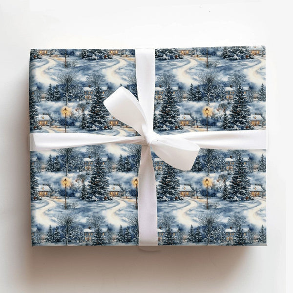 Snowy Cottage Dusk Holiday Gift Wrap, Watercolor Winter Village Wrapping Paper, Comfy Christmas Town Wrapping Paper, Festive 