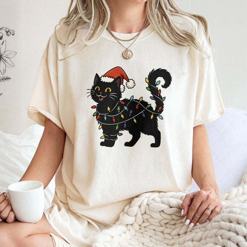 Kitty Tangled in Holiday Lights T-Shirt, Black Cat Christmas Shirt, Adorable Xmas Cat Shirt, Festive Kitten Graphic Tee, Cat Lover Winter Present