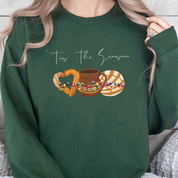 Concha and Churro Foodie Sweatshirt, Tis the Season Mexican Christmas Sweatshirt, Adorable Latina Xmas Crewneck, Holiday Food