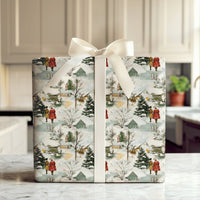 Reindeer Cabin Winter Gift Wrap, Vintage Snowy Village Christmas Wrapping Paper, Watercolor Town Holiday Wrapping Paper, Retro Gift Wrap