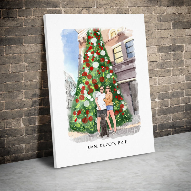 Personalized Holiday Canvas Print, Custom Couple and Pet Portrait Canvas, Watercolor Christmas Canvas Art, Family Pet Present for Couples