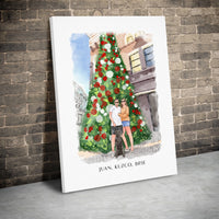 Watercolor Holiday Dog Poster, Custom Couple and Pet Portrait Canvas Print, Personalized Christmas Canvas, Romantic Present for Couple