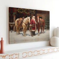 Western Christmas Wall Art, Cowboy Santa Canvas Print, Rustic Barn and Horses Canvas, Holiday Country Wall Decor, Western Holiday Art Present