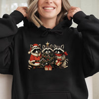 Adorable Holiday Forest Animal Sweatshirt, Christmas Raccoon Hoodie, Retro Winter Wildlife Graphic Hoodie, Festive Animal Lover Pullover Hoodie