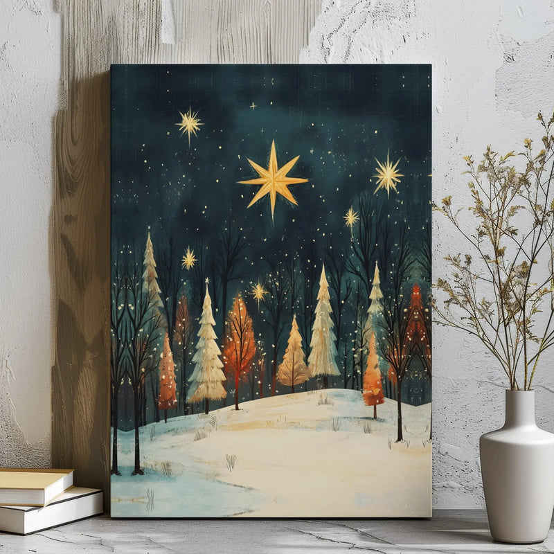 Winter Forest with Gold Star Canvas Print, Christmas Starry Night Canvas Art, Holiday Landscape Wall Decor, Comfy Seasonal Canvas Art