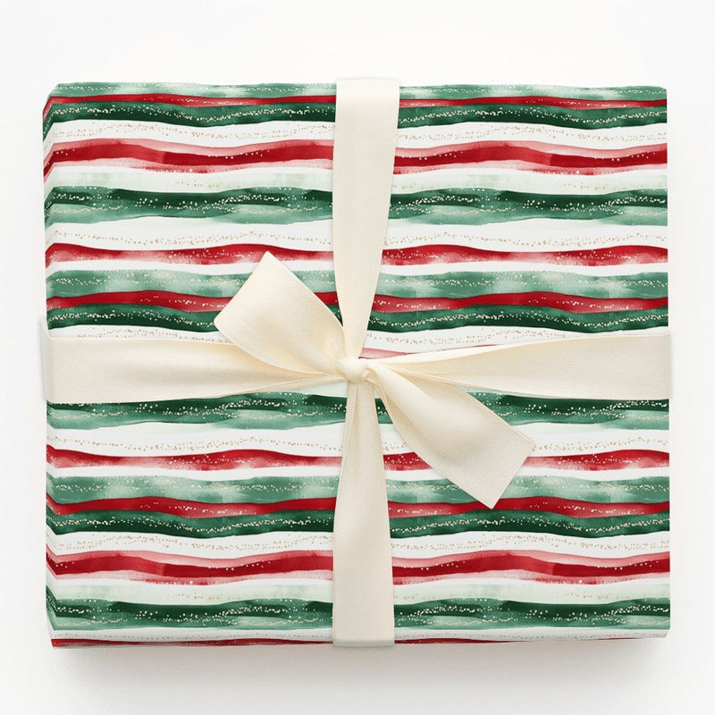 Red and Green Holiday Gift Wrap, Watercolor Wavy Stripe Wrapping Paper, Christmas Stripe Wrapping Paper, Festive Winter Wrapping Paper Roll
