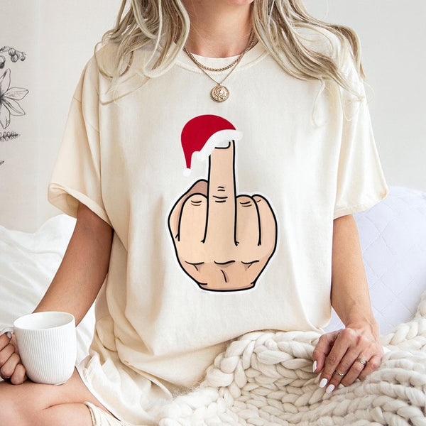 Sarcastic Santa Hat Graphic Tee, Humorous Middle Finger Christmas T-Shirt, Rude Holiday Xmas Shirt, Humorous Gag Present for 