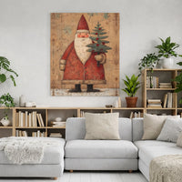 Rustic Santa Canvas Print, Vintage Santa Claus Canvas Art, Christmas Tree Canvas Wall Art, Traditional Holiday Wall Decor, Winter Xmas Present