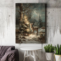 Snowy Forest Winter Wonderland Print, Christmas Deer Canvas Wall Art, Holiday Reindeer Canvas Decor, Rustic Christmas Season Home Present