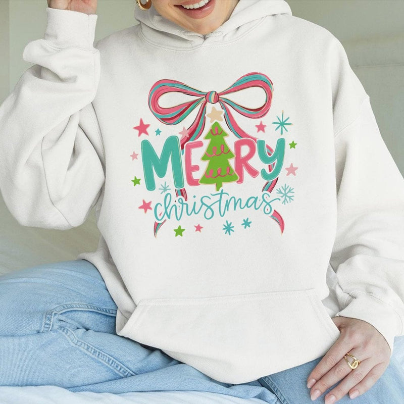 Pastel Bow Star Hooded Sweatshirt, Merry Christmas Tree Hoodie, Adorable Xmas Pullover Hoodie, Coquette Winter Holiday Hoodie, Present for Her