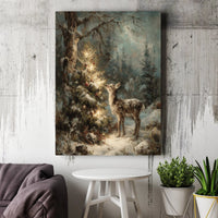Winter Woodland Deer Painting, Christmas Deer Canvas Wall Art, Snowy Forest Fawn Holiday Print, Festive Deer Wall Decor, Digital Download