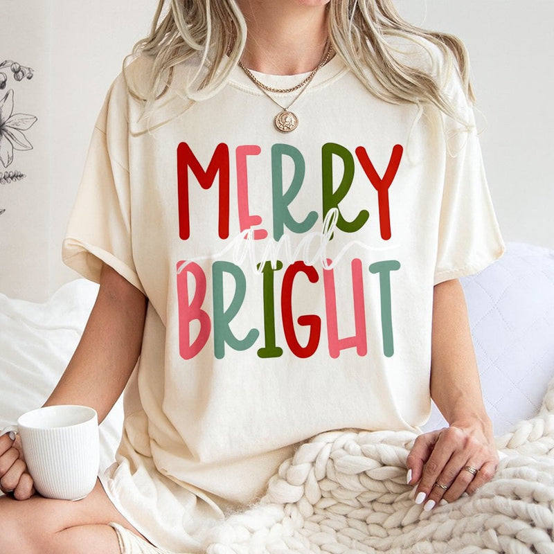 Typography Christmas Shirt, Merry and Bright Christmas T-Shirt, Retro Holiday Graphic Tee, Matching Family Christmas T-Shirt, Xmas Present