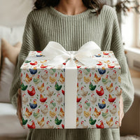 Watercolor Rooster Holiday Gift Wrap, Christmas Chicken Wrapping Paper, Santa Hat Farmhouse Animal Wrapping Paper, Farmer Xmas Gift Wrap