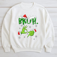 Humorous Green Monster Hands Holiday Sweater, Bruh Christmas Sweatshirt, Meme Graphic Xmas Crewneck, Retro Winter Pullover, Teen Present