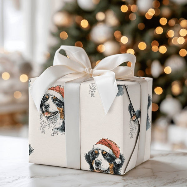 Santa Hat Dog Gift Wrap, Bernese Mountain Dog Christmas Wrapping Paper, Adorable Pet Lover Wrapping Paper Roll, Holiday Seaso