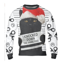Humorous Bad Cat Xmas Tree Sweatshirt, Black Cat Mugshot Christmas Sweater, Mischievous Kitten Holiday Crewneck, Cat Lover Pullover