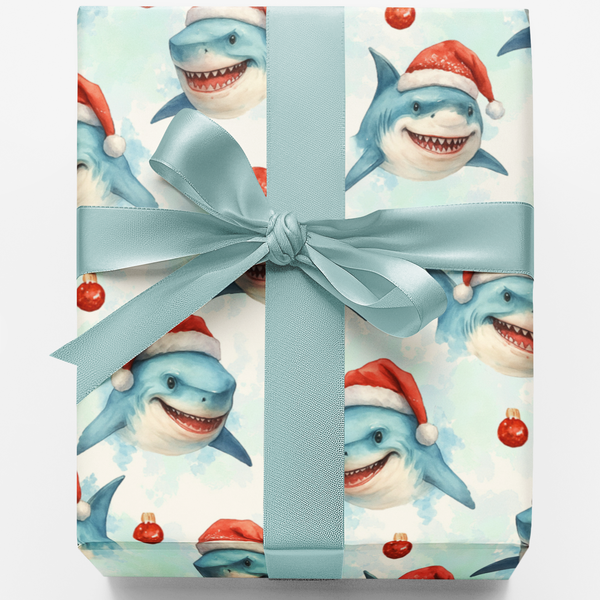 Santa Hat Ocean Gift Wrap, Great White Shark Christmas Wrapping Paper, Humorous Festive Sea Animal Present Paper, Holiday Wra