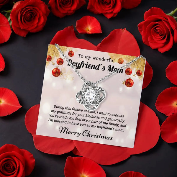 Future Mother in Law Knot Necklace, Boyfriend's Mom Love Knot Necklace, CZ Crystal Pendant Necklace, Christmas Rose Box Jewel