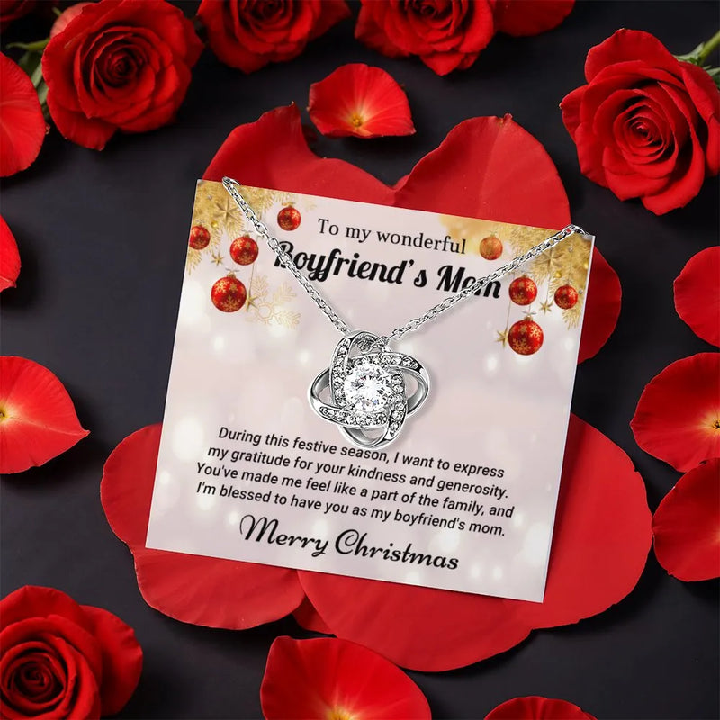 Future Mother in Law Knot Necklace, Boyfriend's Mom Love Knot Necklace, CZ Crystal Pendant Necklace, Christmas Rose Box Jewelry