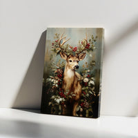 Vintage Christmas Deer Canvas Print, Deer with Holly Berries Canvas Wall Art, Woodland Deer Wall Art, Digital Download Rustic Deer Poster